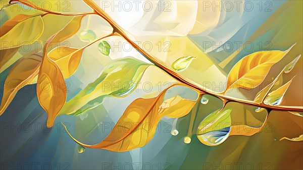 Abstract digital painting embodying sustainability with intertwining leaves glisten with water