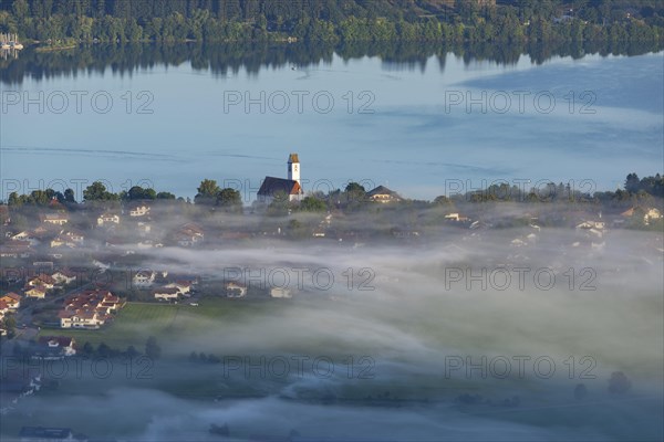 Panorama from Tegelberg to Waltenhofen and the Forggensee, Ostallgaeu, Allgaeu, Swabia, Bavaria,