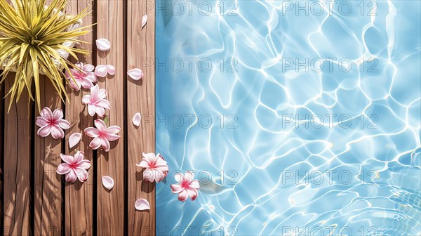 A wooden deck with pink Plumeria flowers by a pool. Summer Concept, IA generated, AI generated