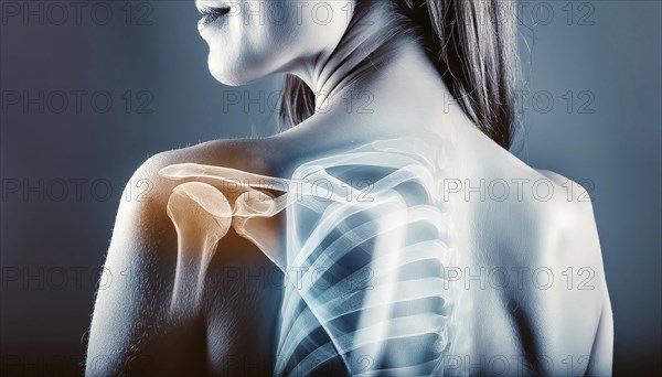 Woman from behind with superimposed X-ray image of the shoulder area, AI generated, AI generated