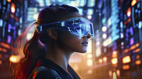 Portrait of a woman with data goggles displaying intricate streams of digital information against
