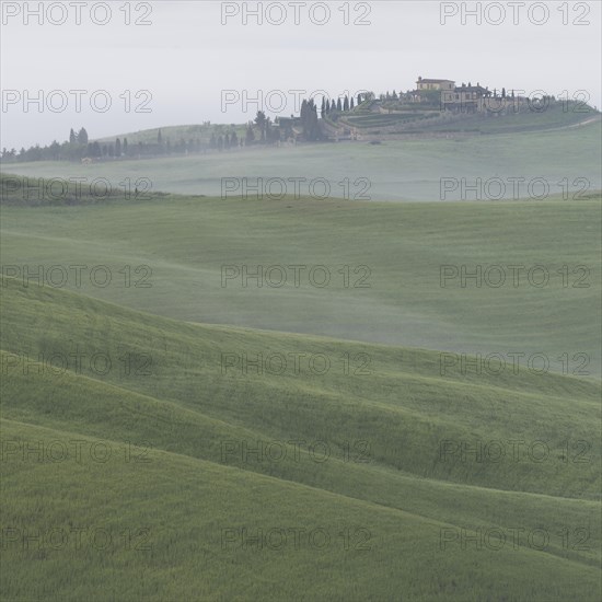 Landscape at sunrise around Volterra, Province of Pisa, Tuscany, Italy, Europe