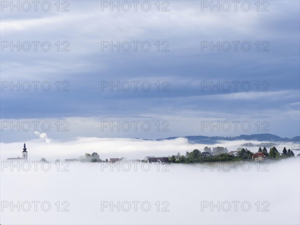 Church rises out of the morning mist, Frauenberg pilgrimage church, panoramic view, near Leibnitz,