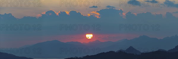 Mountain panorama from Gruenten, 1783m, to the Tannheim mountains, Allgaeu Alps, Tyrol, Austria,