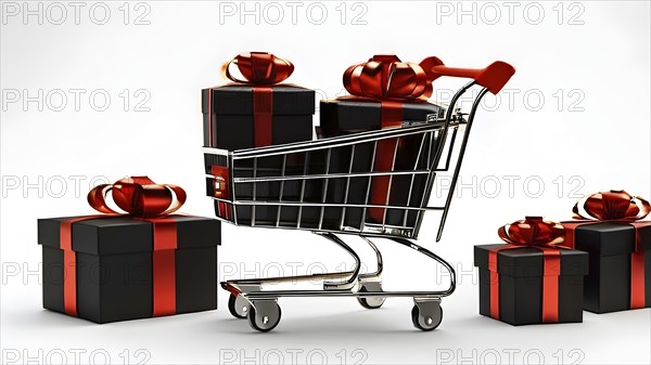 Black friday shopping cart brimming with black gift boxes tied with red ribbons against a white