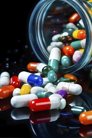 Glass bottle filled with assorted colored painkiller pills, AI generated