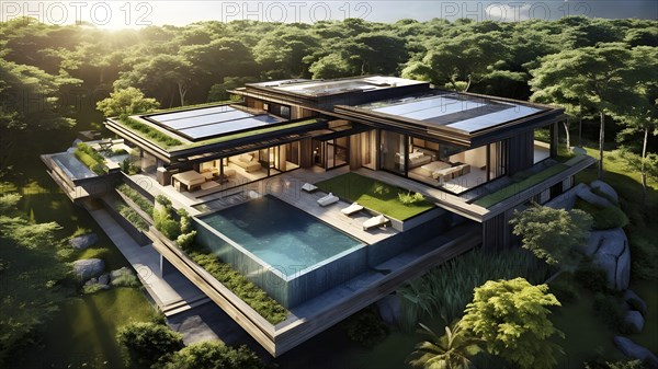 Luxurious wooden house with swimming pool reflecting the opulence of billionaires nestled in