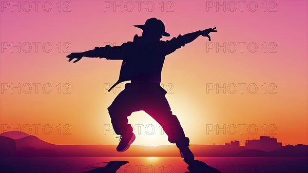 Illustration of a breakdancer silhouette in calm harmony bathed in the breathtaking palette of a