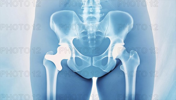 An image of a pelvis and hips in X-ray with clearly visible bone structures, AI generated, AI