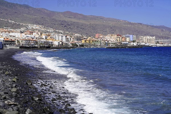 Black volcanic beach in Candelaria, Tenerife, Canary Islands, Spain, Europe, coastal town on a