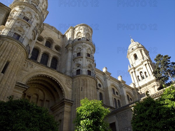 Gothic cathedral with high towers and arches, surrounded by green trees under a sunny blue sky,