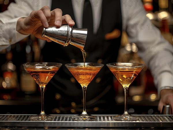 Bartender mixes cocktails in an elegant hotel, AI generated