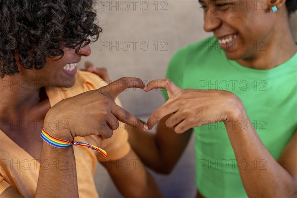 Close-up of gay couple join hands forming heart shape sitting on the sofa at home
