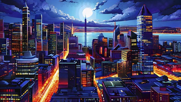 Urban cityscape collage featuring a mosaic of vibrant colors, AI generated