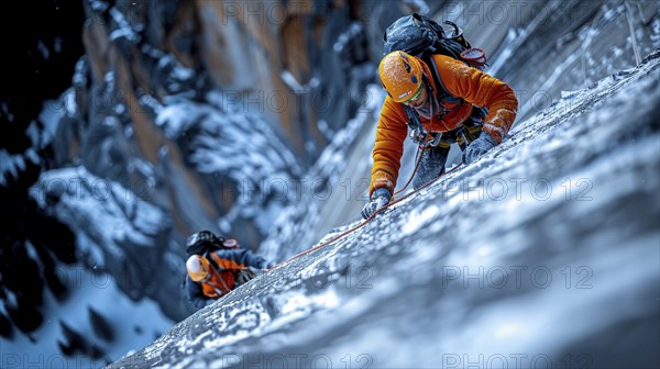 Mountain climber with full equipment climbing, ai generated, AI generated