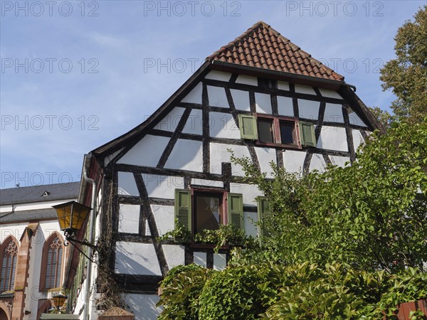A half-timbered house with green shutters and garden plants next to a gothic church under a sunny