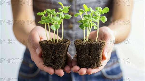 Two hands holding small seedlings in soil, signifying growth and nurturing