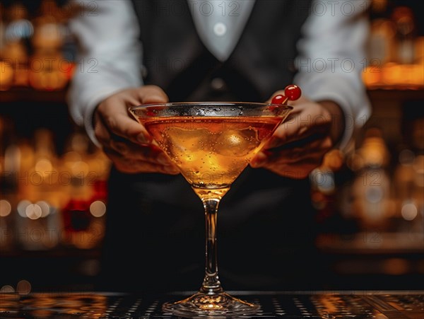 Bartender mixes cocktails in an elegant hotel, AI generated