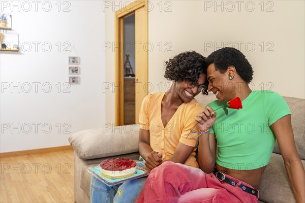 Romantic gay couple celebrating anniversary with cake and a rose sitting on the sofa in the