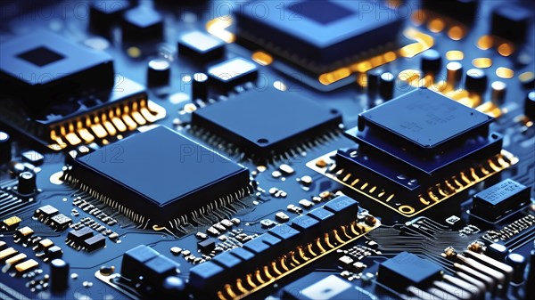 Close-up of a printed circuit board with microchip processor CPU, various electronic components and