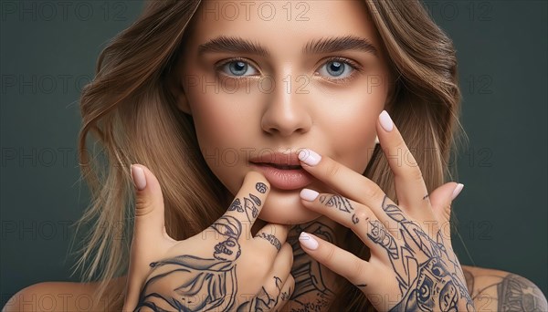 Young girl with tattoos on her hands and fingers, holding her hands to her face. The background is