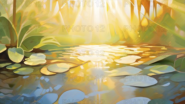 Abstract digital painting embodying sustainability with intertwining leaves glisten with water