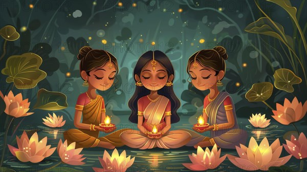 Three women meditating with oil lamps in a peaceful lotus-filled nighttime setting, AI generated