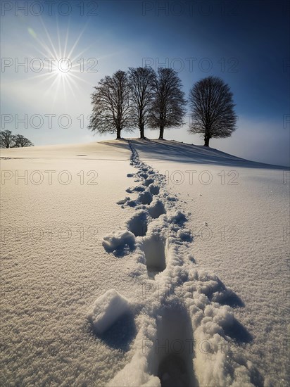 Footprints in fresh snow on a hill with a row of trees in winter, backlight, AI generated, AI