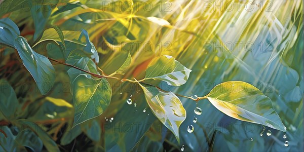 Abstract digital painting embodying sustainability with intertwining leaves glisten with water