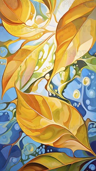 Abstract digital painting embodying sustainability with intertwining leaves glisten with water