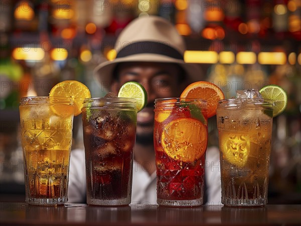 Bartender mixes cocktails in an elegant hotel, AI generated