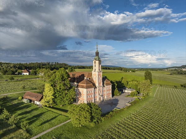 Aerial view of the pilgrimage church Birnau on Lake Constance, Uhldingen-Muehlhofen, Lake Constance
