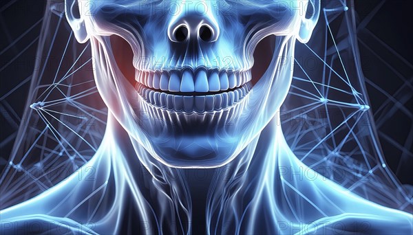Frontal view of a skull and neck in an X-ray image with visible bone structures, AI generated, AI