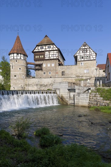 Zollernschloss Balingen on the Eyach, weir, barrage, Balingen, Baden-Wuerttemberg, Germany, Europe
