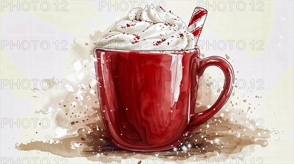 Red mug with whipped cream and a candy cane, evoking a festive and cozy atmosphere in a watercolor