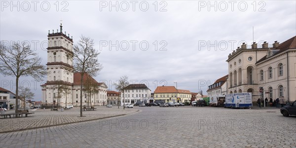 Panorama of the market square with town church, Neustrelitz, Mecklenburg-Vorpommern, Germany,