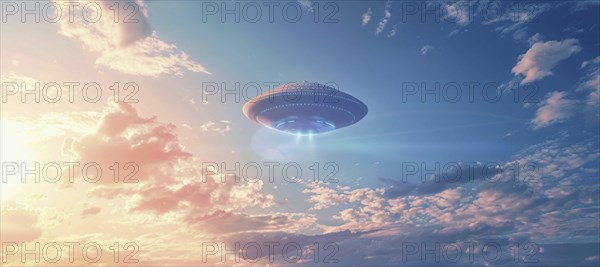 A large, glowing, alien shaped UFO saucer object is flying. UAP, Unexplained Aerial Phenomena, AI