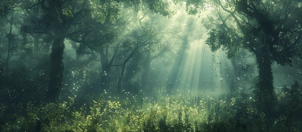 A tranquil and dense forest scene illuminated by soft sunlight that pierces through the thick