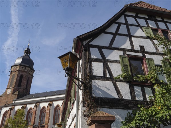 A half-timbered house with green ivy next to a church with gothic architecture and a tower in the