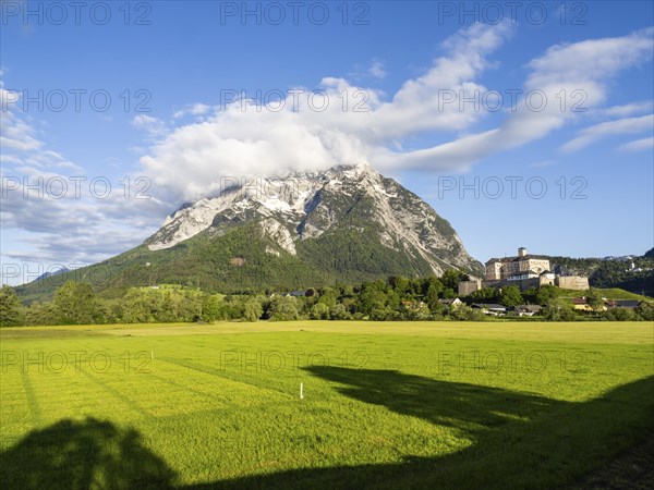 Grimming mountain range, Trautenfels Castle in the morning light, near Irdning, Styria, Austria,