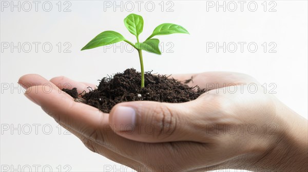 Hands cupping soil and a small green sprout