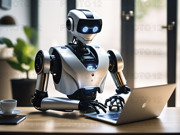 Android, robot writing on a laptop in the home office, symbolic image artificial intelligence