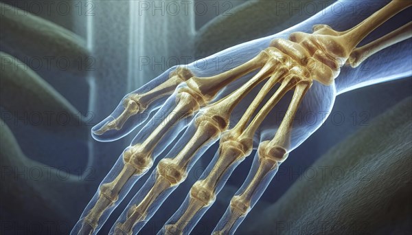 Close-up of a hand in an X-ray image showing the bone structures in detail, AI generated, AI
