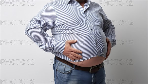 Overweight, A man in a shirt and jeans shows his round fat belly, AI generated, AI generated