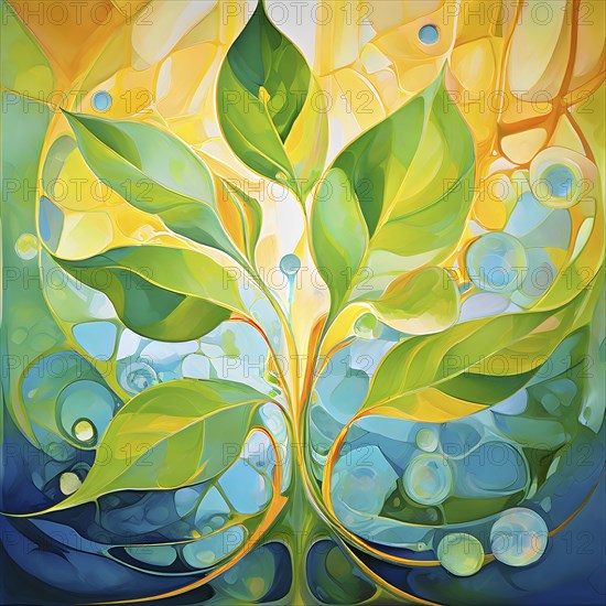 Abstract digital painting embodying sustainability with intertwining leaves glisten with water