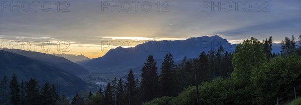 Sunset over the Eisenerz Alps, mountain massif Reiting, in the Liesingtal the village Traboch,