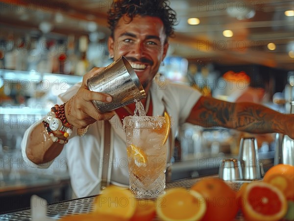 Bartender mixes cocktails in an elegant hotel, AI generated