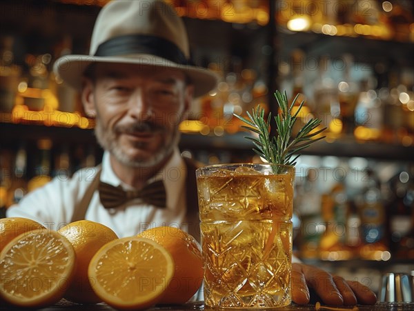 Bartender mixes cocktails in an elegant hotel, AI generated