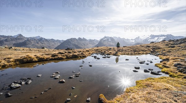 Mountaineers at a small lake on the high plateau of the Gurgler Seenplatte, glaciated mountain