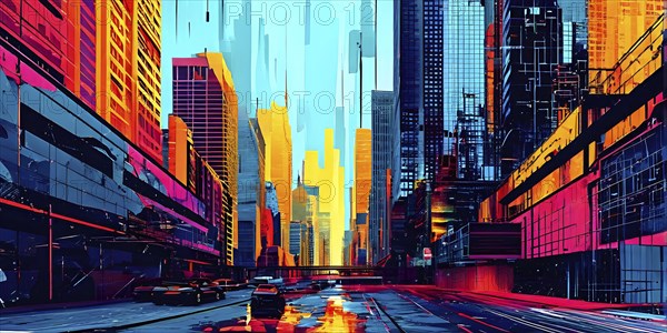 Urban cityscape collage featuring a mosaic of vibrant colors, AI generated